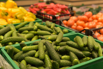 Shop with vegetables. Cucumbers, tomatoes, peppers