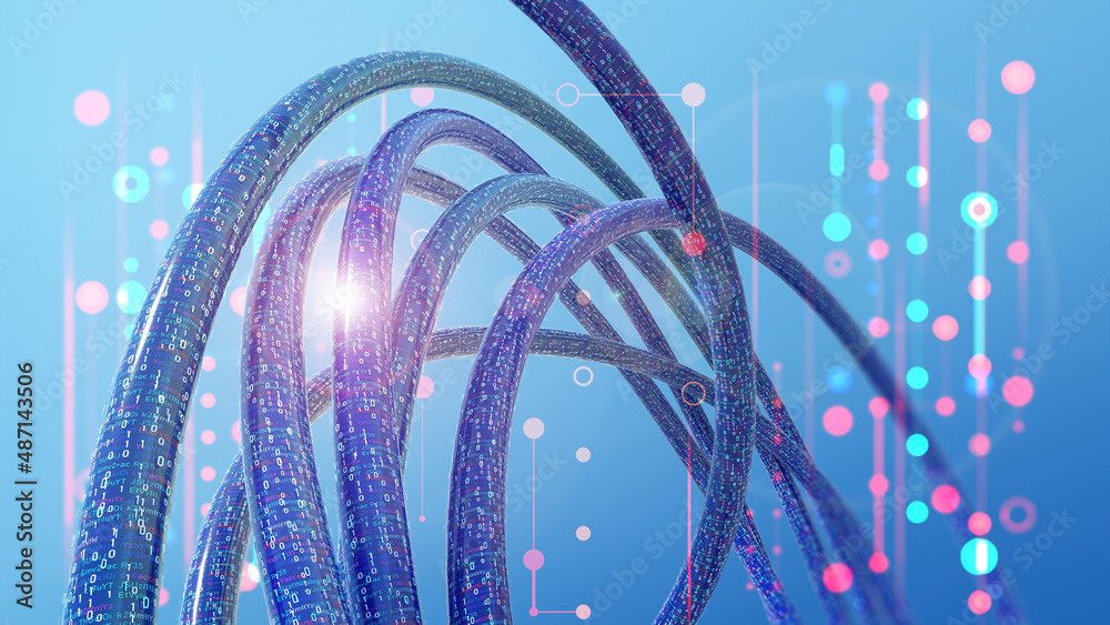 Poster Internet space of open data. Global digital flows and structural cyber technologies. 3D illustration of twisted conductors of coded information