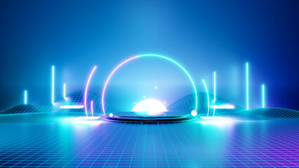 Podium show products, Empty stage. place for product. Colored neon lights. Place to present a product. Retro style. Sci Fi style. 3d Rendering image. © AnuStudio