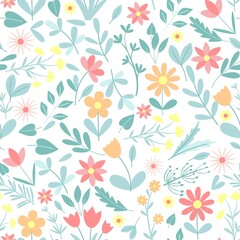 Fototapeta na wymiar Spring cute wild flowers seamless pattern. Background with greenery and flowering. Botanical herbal template for fabric, packaging and paper vector illustration