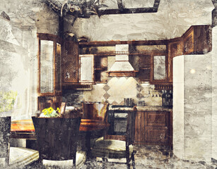 Modern beautiful interior of the room with colored walls, large windows and stylish furniture. The image is stylized as an oil painting. Bright and stylish design. 3D rendering