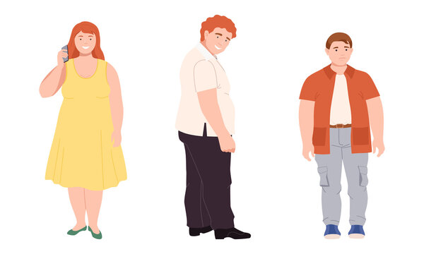 Man and Woman Character with Corpulent Body Standing Full Length Vector Illustration Set