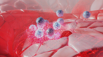 3D Rendering of Natural Killer Cells Attacking Tumor Cancer Cells - obrazy, fototapety, plakaty