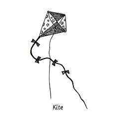 Kite. Ink black and white doodle drawing in woodcut style