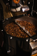 Freshly roasted coffee beans. Fragrant arabica seeds. Coffee grinder for grain.