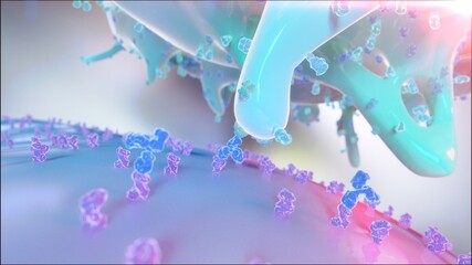 3D Rendering of Cells Recognizing Antibody on Surface of Cancer Cell