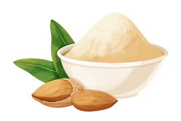 Almond powder, flour in bowl decorated with almond nuts in nutshell, leaves in cartoon style isolated on white background. Baking ingredient, nutrient food. 