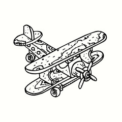 Wooden toy plane. Ink black and white doodle drawing in woodcut style