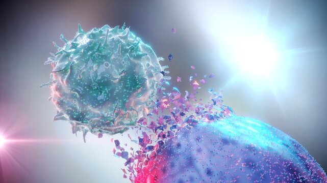 3D Rendering of NK Natural Killer Cell Attacking Cancer Cell