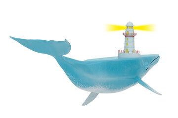 Blue whale with lighthouse isolated on white background.  3D rendering. 3D illustration.