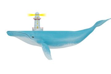 Fototapeta premium Blue whale with lighthouse isolated on white background. 3D rendering. 3D illustration.