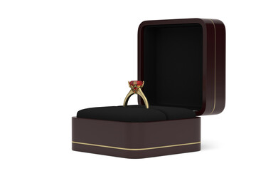 A ring in box on white background. Wedding proposal and love concept. 3D rendering. 3D illustration.