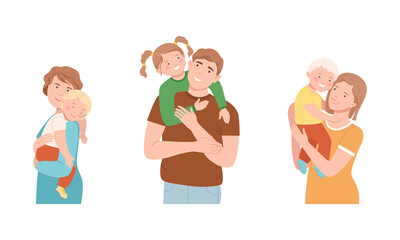Young Mother and Father Holding Their Child with Arms Embracing Vector Illustration Set