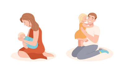Young Mother and Father Holding Their Child with Arms Embracing Vector Illustration Set