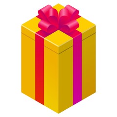 Yellow gift box red ribbon icon set color vector logo 3d isometric perspective. Isolated realistic wrapped bow giftbox on white background. Celebration birthday holidays date present concept design