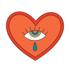 Vector 70s psychedelic heart with abstract eye. Retro groovy love symbol for design and print. Cartoon hippy sticker. Vintage illustration
