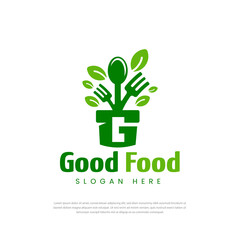 Unique logo of flower pot initials G, and fork and spoon