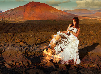 Trash the dress, Vulkan, verschmutztes brennentes Brautkleid