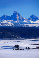 Tetons Mountains in Winter with Old Cabin Homestead Building