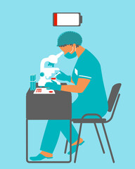 A female nurse in a laboratory is overwhelmed by a large amount of work. Scientific research in an epidemic. Professional burnout of medical personnel.