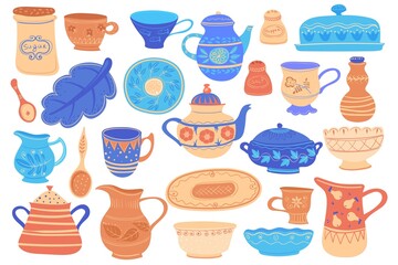 Cartoon ceramic tableware. Rustic crockry with flowers, kitchen art crockery, decorations elements on bowl dish pot plate tea pitcher