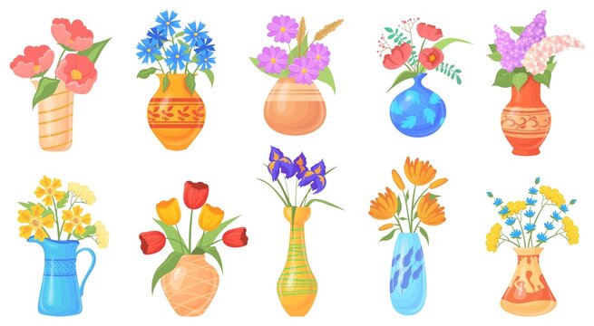 Cartoon jug with flower. Blooming flowers in vases, colorful vase with bouquet spring plant, home floral pitcher lilac and tulips, bottle water flowerpot, neat vector illustration