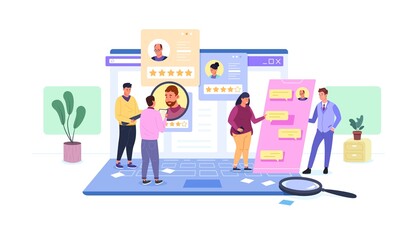 Best recruitment staff. Hire recruit, hr digital recruiting, zoom candidate resume, test employed talent workers, online offer employment hiring manager, garish vector illustration