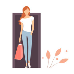 A young modern girl goes shopping. Fashion and beauty. In the hand a package from the store. Vector cartoon illustration