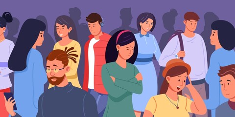 Depressive crowd. Sad teen girl behind parties people, social depression, mental burnout and anxiety face, solitude concept stress emotion, cartoon vector illustration