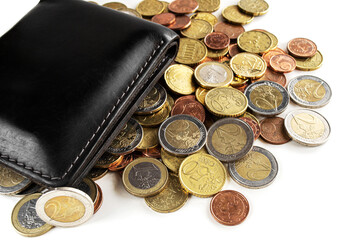 Black wallet with euros and cents on a white background