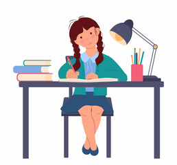 Plakat Little girl is sitting on a chair at the table and writing in a notebook. Schoolgirl doing homework. There is a lamp on the table and there are books. Vector illustration in flat style