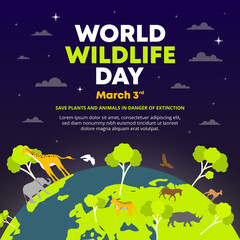 World wildlife day banner with plants and animals in the world