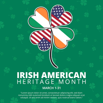 Irish American Heritage Month Banner With Clover Leaves And Nation Flag