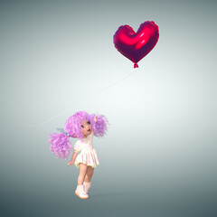 A little girl with a balloon. Funny and kind illustration. 3Drender