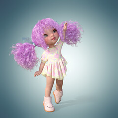 A little girl, stylized as a doll with purple hair. 3D rendering