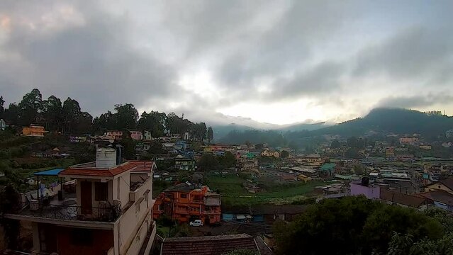 cloud movement time lapse over urban city at morning from flat angle video taken at ooty tamilnadu india.