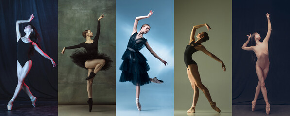 Flexibility and emotions. Collage of portraits of female ballet dancers dancing on dark studio background. Models in stage images. - obrazy, fototapety, plakaty