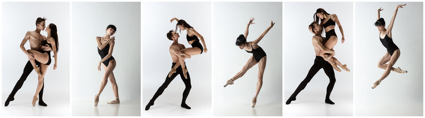 Composite image of two people, man and woman dancing in contemporary style of ballet at studio on gray background. Beauty, art, diversity concept © master1305