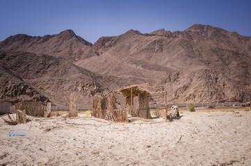 straw bungalows hippie Bedouin camps on the coast of the Sinai Peninsula of Egypt