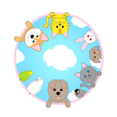A round frame of various animals and birds with blue sky