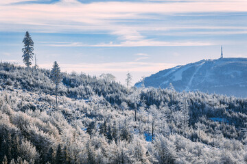 Panoramic snowy view mountains during winter time