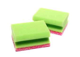 Green cleaning sponges isolated on white 