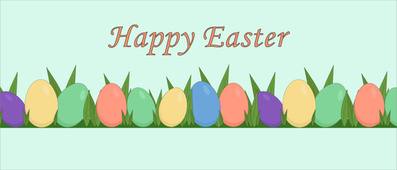 seamless pattern of colored easter eggs and fresh grass