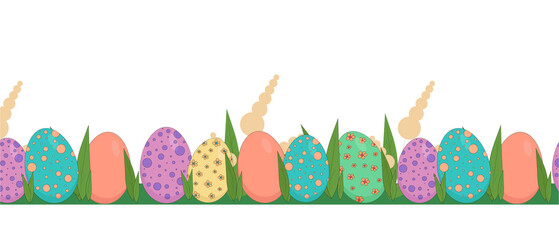 seamless pattern of colored easter eggs and fresh green grass and flowers