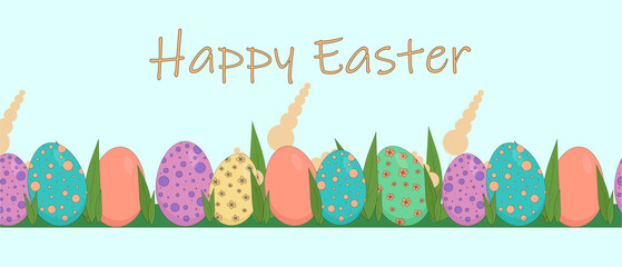 seamless pattern of colored easter eggs, fresh grass and flowers