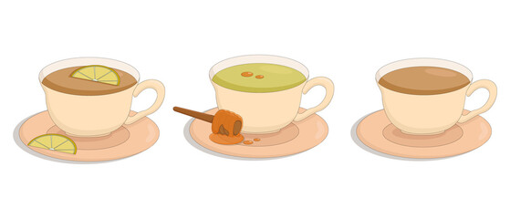 three mugs of black and green fragrant tea