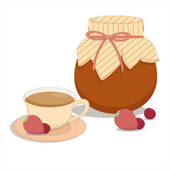 a jar of sweet berry jam with a mug of tea