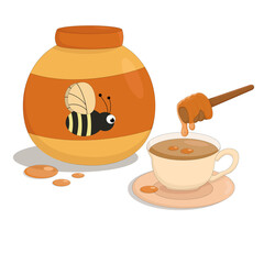a jar of sweet bee honey with a mug of hot tea