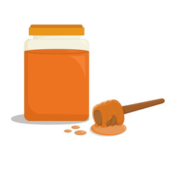 transparent glass jar of fragrant bee honey and a wooden stick