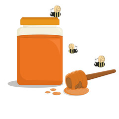 glass jar of fragrant bee honey and bees
